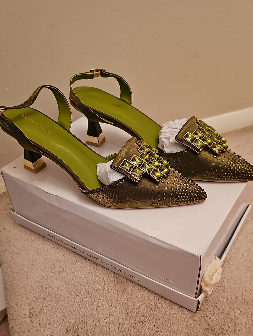 Olive Green Embellished Pointed Slingback Heels